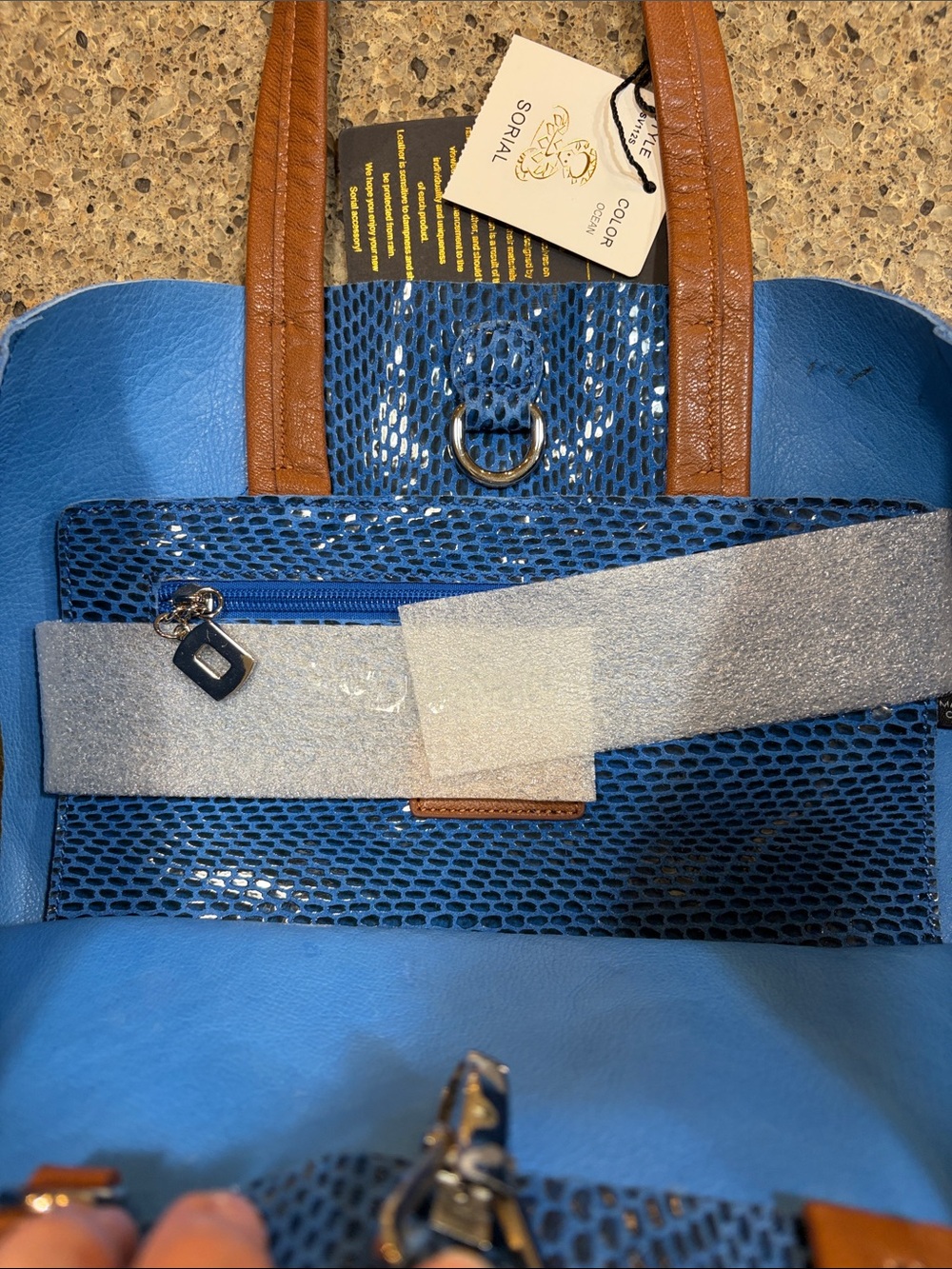 Sorial Rubina Blue Tote Bag with Brown Leather Handles - Picture 4 of 13